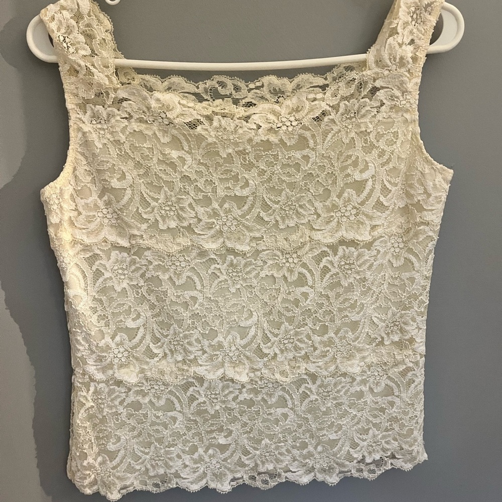 Women Vtg Beige Lace Crochet Knit Top M Sleeveless Lined Cottage Core Feminine